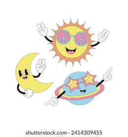 Groovy Cartoon Charakter süße halbe Nilpferd Sonne Disco Planet in Retro-Sonnenbrille Vektorgrafik Set einzeln auf weiß. Retro 60er 70er 80er Jahre Weltraum-Galaxie-Universum Himmelskollektion.