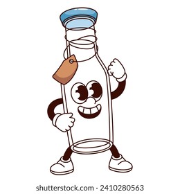 Caricatura groovy de una botella vacía de vidrio con gorra. Frasco divertido para beber agua con etiqueta en cuerda, mascota de botellas retro con sonrisa en la cara, pegatina de dibujos animados de ilustraciones vectoriales estilo años 70