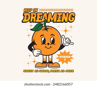 groovy cartoon character of fruit orange. groovy vintage 70s. can be used as t shirt, sticker, poster, print design, streetwear, screen printing and other uses. vector illustration