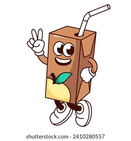 Groovy cartoon character of juice package with straw. Funny box with fruit juice, retro mascot walking with victory gesture. Packed cartoon juicy drink sticker of 60s 70s style vector illustration