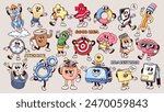 Groovy cartoon characters of creative ideas and planning set. Funny retro comic personages and sticker collection, cartoon creative brainstorm and thinking mascots in 70s 80s style vector illustration