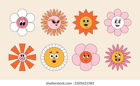 Groovy cartoon characters. Cute 60s and 70s funky naive hippie smiling faces, abstract retro floral funky characters. Vector colorful stickers set.