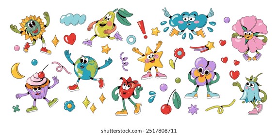 Groovy cartoon characters. Cute 70s 80s retro comic abstract groovy figures, colorful funny doodle psychedelic people with different emotions. Vector isolated set.