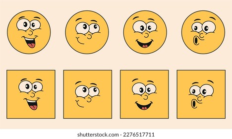 Groovy cartoon characters. Emoticons and squares with faces and smiles. Set of stickers in trendy 60s,70s retro hippie style. Vector.