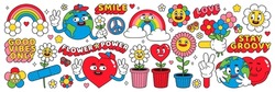 Groovy Cartoon Characters. Funny Happy Earth, Peace, Love, Rainbow, Heart, Flower, Daisy. Sticker Pack In Trendy Retro Cartoon Style. Isolated Vector Illustration. Hippie 60s, 70s Style. Flower Power.