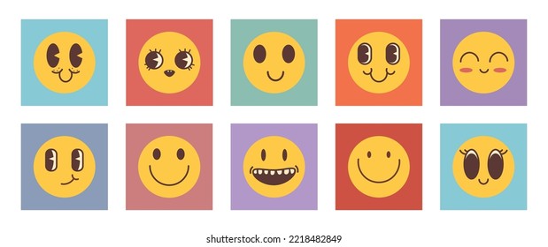 Groovy cartoon characters. Funny happy emoji with eyes and smile. Sticker pack in trendy retro trippy style. Isolated vector illustration. Hippie 60s, 70s style.