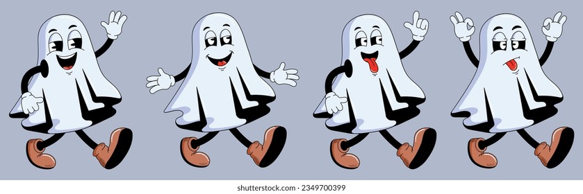 Groovy cartoon characters Halloween ghosts. Happy Halloween. Fashion vector illustration.