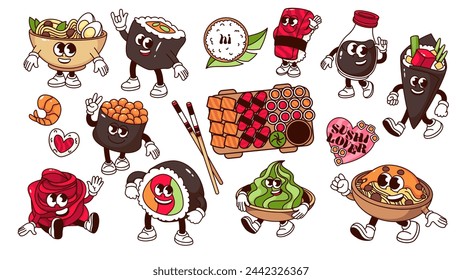 Personajes de dibujos animados de comida japonesa. Divertido sushi retro y rollo de futomaki, gunkanmaki y colección de mascotas de dibujos animados de tazón de arroz, pegatinas de comida asiática de los años 70 80 estilo ilustración vectorial