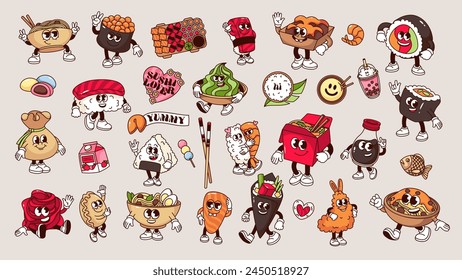 Personajes de dibujos animados de comida japonesa y pegatinas con conjunto de texto. Divertido sushi y ramen retro, feliz onigiri y linda mascotas de caja de fideos, emoji de comida de dibujos animados de los años 70 y 80 estilo de Ilustración vectorial