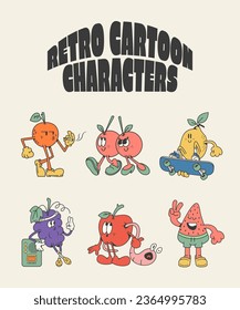 
groovy cartoon characters, retro fruits cartoon in trendy style, vector illustration