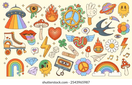 Groovy personajes de dibujos animados en el arte hippie retro, Vector funky cómic. 60s y 70s arcoíris de dibujos animados groovy y corazón en alas, champiñón amanita y sonrisa de fusión psicodélica con flores y signo de paz