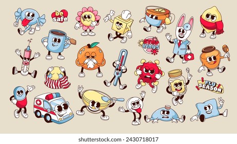 Groovy cartoon characters, text stickers set for cold and flu treatment. Funny retro collection of sick mascots with virus and bacteria infection, cartoon stickers of 70s 80s style vector illustration