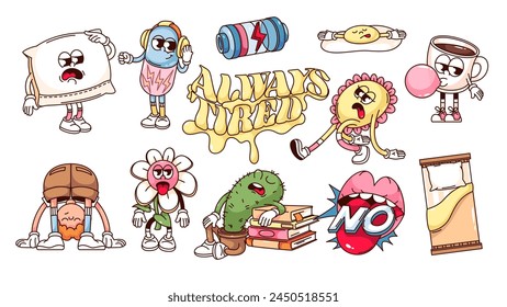 Groovy cartoon characters with tired faces set. Funny retro sleepy and tired pillow for bed and flower, cactus and egg. Sleep and fatigue mascots, cartoon stickers of 70s 80s style vector illustration