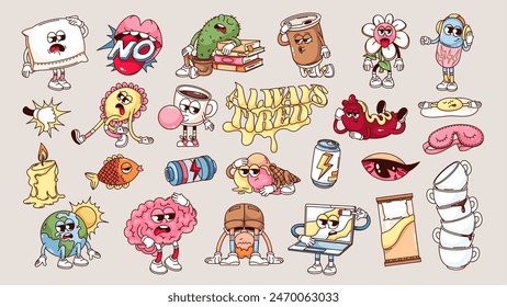 Personajes de dibujos animados con caras cansadas. Emoticones adorables retro divertidos y personajes cansados, mascotas insomnio y cansancio, pegatina tipográfica de dibujos animados de los años 70 y 80 estilo Ilustración vectorial