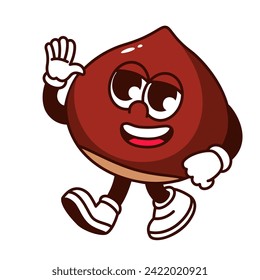 Groovy cartoon chestnut character with smile and hand up. Funny retro nut walking to meet friend, chestnut mascot greeting and waving, cartoon food sticker of 70s 80s style vector illustration