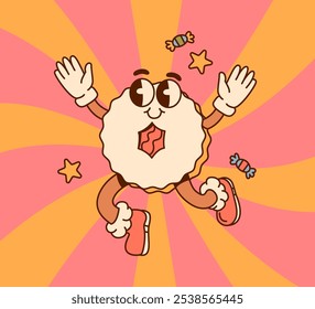 Groovy cartoon Christmas cookie character with open arms and a smiling face, leaping against a festive orange and pink background. Christmas and holiday sweets concept.