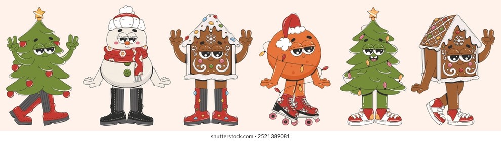 Conjunto de Navidades de dibujos animados. Personajes retro de moda - árbol de Navidad, muñeco de nieve, pan de jengibre, mandarina. Ilustración vectorial. 