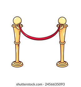 Groovy cartoon cinema barrier with gold pole and red rope. Funny retro barrier of VIP event fence, theater, museum and night club mascot, cartoon sticker of 70s 80s style vector illustration