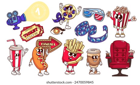 Groovy cartoon cinema characters and stickers set. Funny retro movie tickets and chair, food and drink for film, 3D glasses. Cartoon cinema mascots collection of 70s 80s style vector illustration