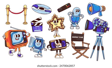 Conjunto de personajes de cine de dibujos animados y pegatinas. Video Divertida TV retro y Colección de las mascotas del cine de dibujos animados de la Ilustración vectorial del estilo de los años 70 y 80