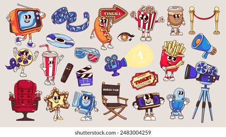 Groovy cartoon cinema characters and stickers set. Funny retro comic movie festival, food and cinema theater equipment mascots, cartoon funky emoji and personages of 70s 80s style vector illustration