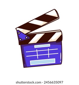 Groovy cartoon clapperboard. Funny retro movie clapper, open movie slate. Cinematography and filmmaking equipment mascot, cartoon clapperboard sticker of 70s 80s style vector illustration