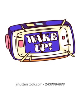 Groovy cartoon clock with Wake Up text. Funny retro alarm clock ringing with morning motivation phrase of balloon font, wakeup time mascot, cartoon sticker of 70s 80s style vector illustration