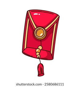 Groovy cartoon closed red envelope for money gift. Funny retro angpao envelope with button and tassel. Chinese lunar New Year mascot, cartoon packet sticker of 70s 80s style vector illustration