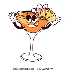 Groovy cartoon cocktail glass character with slice of lemon. Funny cup with orange alcohol drink and hands up, retro mascot, beach party cocktail cartoon sticker of 60s 70s style vector illustration