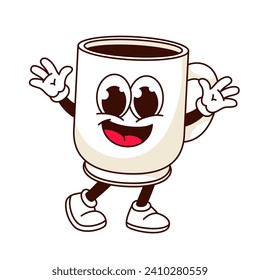 Groovy cartoon coffee cup character greeting with hands up. Funny mug with hot drink walking with happy face, retro coffee or tea mascot and cartoon sticker of 60s 70s style vector illustration