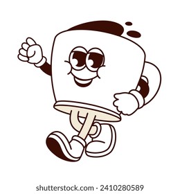 Groovy cartoon coffee cup character walking. Funny mug for coffee or tea break, retro mascot with arms and legs, happy face. Cartoon hot breakfast drink sticker of 60s 70s style vector illustration