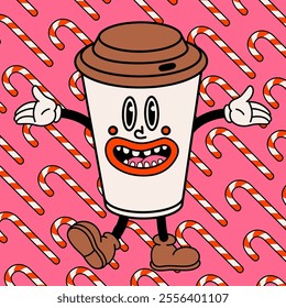 Groovy cartoon coffee cup with happy face, vintage funny paper cup on christmas candy cane background. Ideal for Christmas and New Year sticker designs and decorations, vector illustration