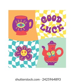 Groovy cartoon coffee cup, teapot with smile flowers sticker, butterfly. Funny mug in 70s style. Retro coffee or tea mascot and cartoon sticker of 60s 70s style vector illustration