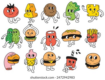 Groovy Cartoon Collection of Junk Food - Retro Style Illustrations with Cheerful Characters