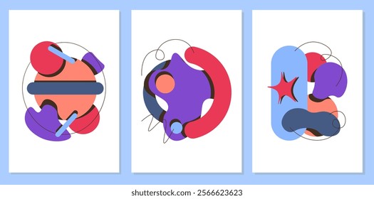 Groovy cartoon composition. Abstract creativity and art. Violet, orange and red spots. Vintage collage with geometric figures. Flat vector collection isolated on blue background