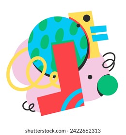 Groovy Cartoon Zusammensetzung von geometrischen abstrakten Figuren, Formen. Hübscher Retro-Doodle-Minimalismus, Collage mit Cartoon-farbigen Formen mit trippigem Hippie-Muster, einfache Kurvenlinien, Vektorgrafik