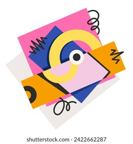 Composición de dibujos animados de formas geométricas psicodélicas. Gracioso collage de geometría divertida de doodle retro, rectángulos de dibujos animados con zigzag negro y patrones de líneas espirales y formas ilustraciones vectoriales