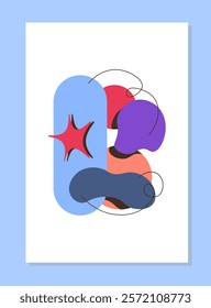 Groovy cartoon composition. Red, orange and violet shapes. Abstract collage from colorful patterns. Primitive art style. Poster or banner. Flat vector illustration isolated on blue background