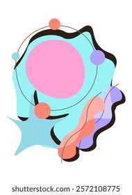 Groovy cartoon composition. Red, orange and violet shapes. Abstract psychedelic primitive art style. Template and layout. Flat vector illustration isolated on blue background