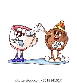Groovy cartoon cookie character throwing marshmallows into cup of hot drink. Funny retro chocolate chip cookie playing snowballs. Winter games mascot, cartoon sticker of 70s 80s vector illustration