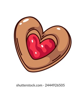 Groovy cartoon cookie with red jam heart. Funny retro shortbread with strawberry jelly, treat and sweet gift for Valentines Day mascot, cartoon cookie sticker of 70s 80s style vector illustration