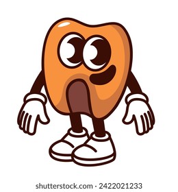 Groovy cartoon corn seed character with smile and big eyes. Funny retro maize kernel for sweet popcorn, yellow corn mascot. Cartoon sweetcorn emoji, food sticker of 70s 80s style vector illustration