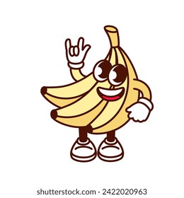 Groovy cartoon crazy banana character with V fingers. Funny retro yellow tropical fruit with rockers gesture, comic banana bunch mascot, cartoon food sticker of 70s 80s style vector illustration