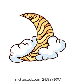 Groovy cartoon crescent moon in clouds. Funny retro cute yellow half moon with wavy psychedelic pattern, night sky and sweet dreams mascot, cartoon sticker of 70s 80s style vector illustration