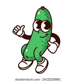 Groovy cartoon cucumber character dancing. Funny retro positive vegetable with thumb up gesture, dance of green cucumber mascot, cartoon emoji and food sticker of 70s 80s style vector illustration