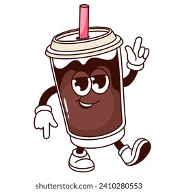 Groovy cartoon cup character with cold coffee and straw. Funny plastic container with coffee or milk chocolate walking, retro summer drink mascot, cartoon sticker of 60s 70s style vector illustration