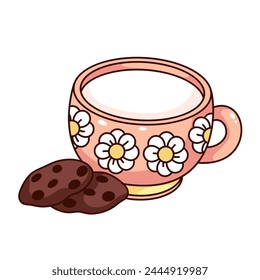 Groovy cartoon cup of milk with chocolate chip cookies. Funny retro pink mug with flowers and biscuit, breakfast nutrition mascot, cartoon milk and snack sticker of 70s 80s style vector illustration