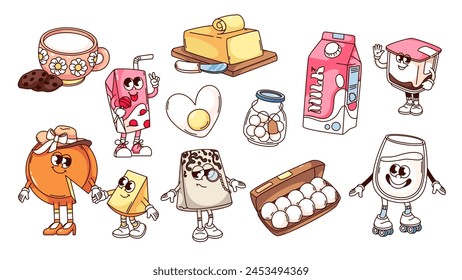 Groovy cartoon dairy characters and stickers set. Funny retro family cheese and milk glass, fried and fresh eggs, butter bar. Cartoon dairy mascots collection of 70s 80s style vector illustration