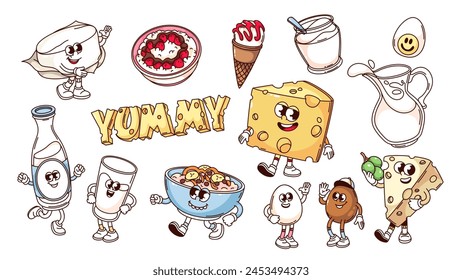 Conjunto de personajes y pegatinas de la lechería de dibujos animados. Divertido rebanada de queso retro y placa de tipografía, botella de leche y vaso, helado. Colección de mascotas lácteas de dibujos animados de los años 70 80 estilo Ilustración vectorial