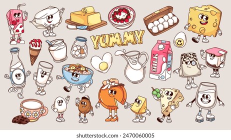 Groovy cartoon dairy characters and stickers set. Funny retro milk bottle and jug, sour cream and yoghurt, cheese. Cartoon cute protein dairy mascots collection of 70s 80s style vector illustration